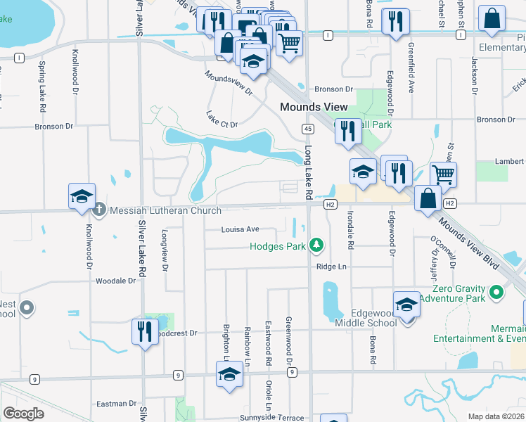 map of restaurants, bars, coffee shops, grocery stores, and more near 2594 County Road H2 in Saint Paul