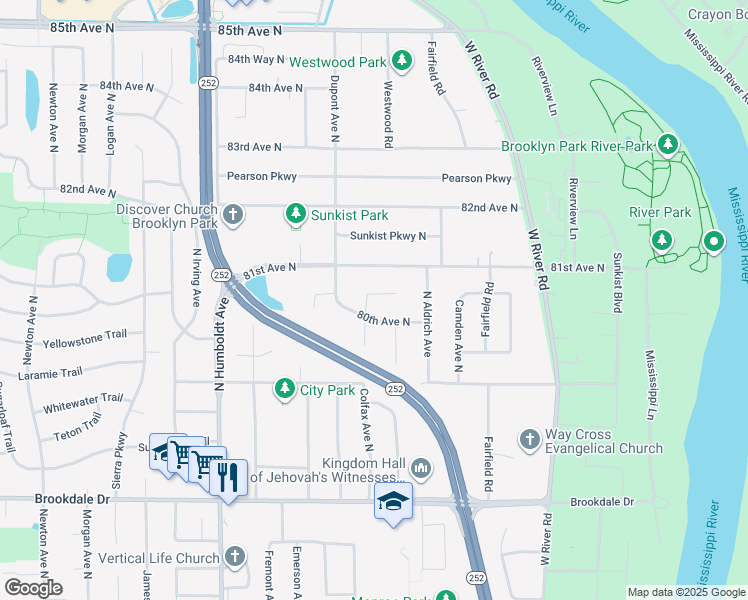 map of restaurants, bars, coffee shops, grocery stores, and more near 1008 80th Court North in Minneapolis