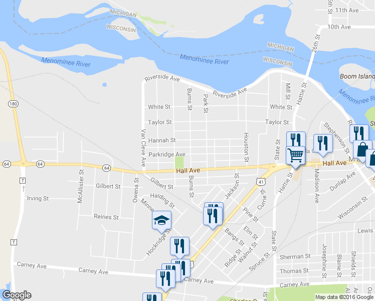 map of restaurants, bars, coffee shops, grocery stores, and more near 2904 Parkridge Avenue in Marinette