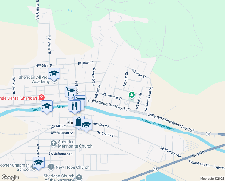 map of restaurants, bars, coffee shops, grocery stores, and more near 244 Northeast Oak Street in Sheridan
