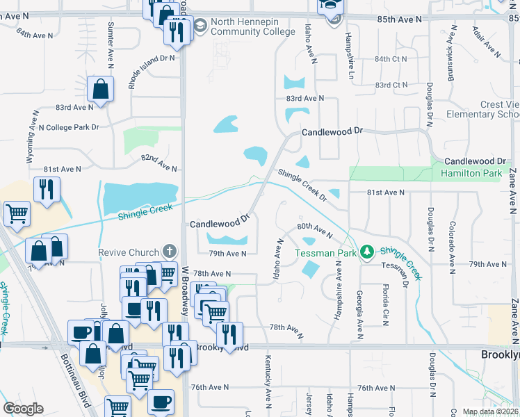 map of restaurants, bars, coffee shops, grocery stores, and more near 7980 Louisiana Avenue North in Minneapolis