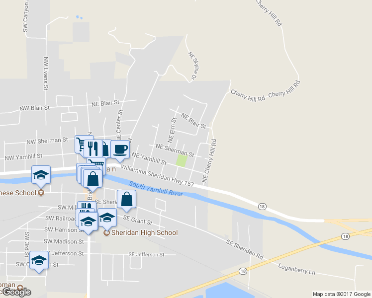 map of restaurants, bars, coffee shops, grocery stores, and more near 309 Northeast Box Street in Sheridan