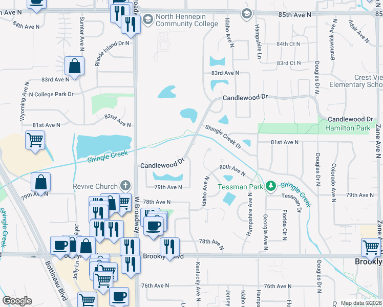 map of restaurants, bars, coffee shops, grocery stores, and more near 7980 Louisiana Avenue North in Minneapolis