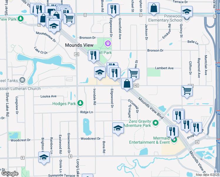 map of restaurants, bars, coffee shops, grocery stores, and more near 5311 Edgewood Drive in Mounds View