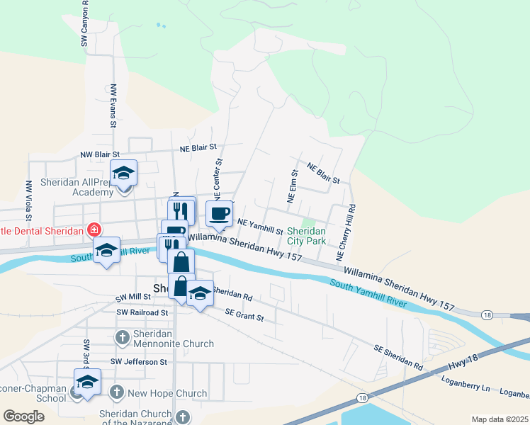map of restaurants, bars, coffee shops, grocery stores, and more near 244 Northeast Oak Street in Sheridan