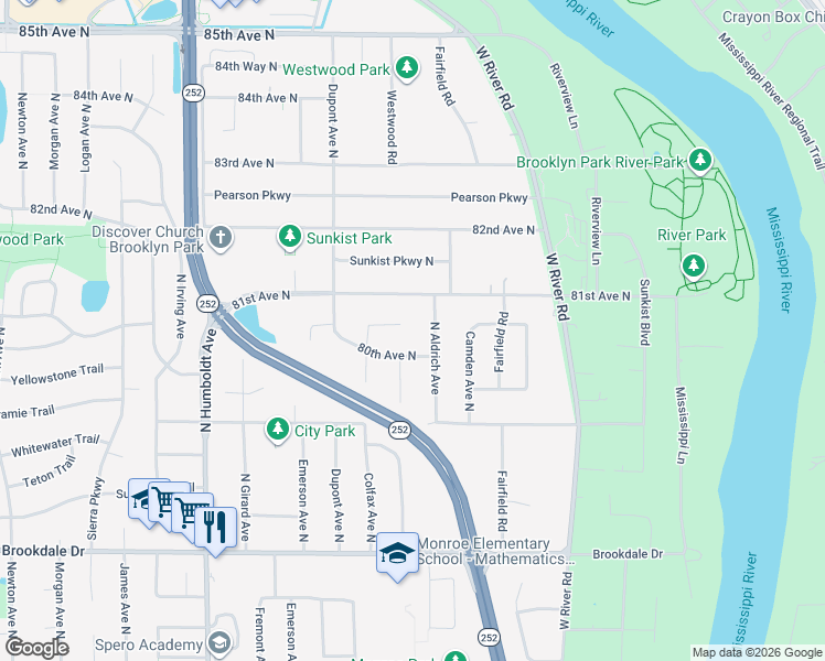 map of restaurants, bars, coffee shops, grocery stores, and more near 1024 80th Court North in Minneapolis