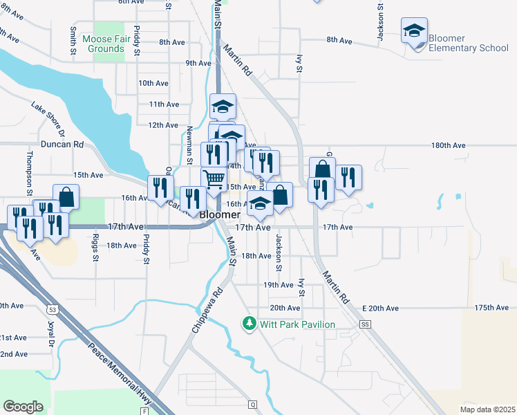 map of restaurants, bars, coffee shops, grocery stores, and more near 1603 Kranzfelder Street in Bloomer