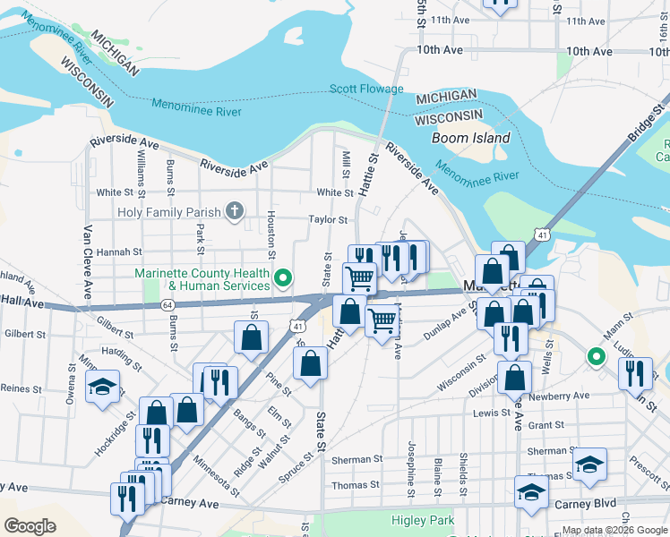 map of restaurants, bars, coffee shops, grocery stores, and more near 345 State Street in Marinette