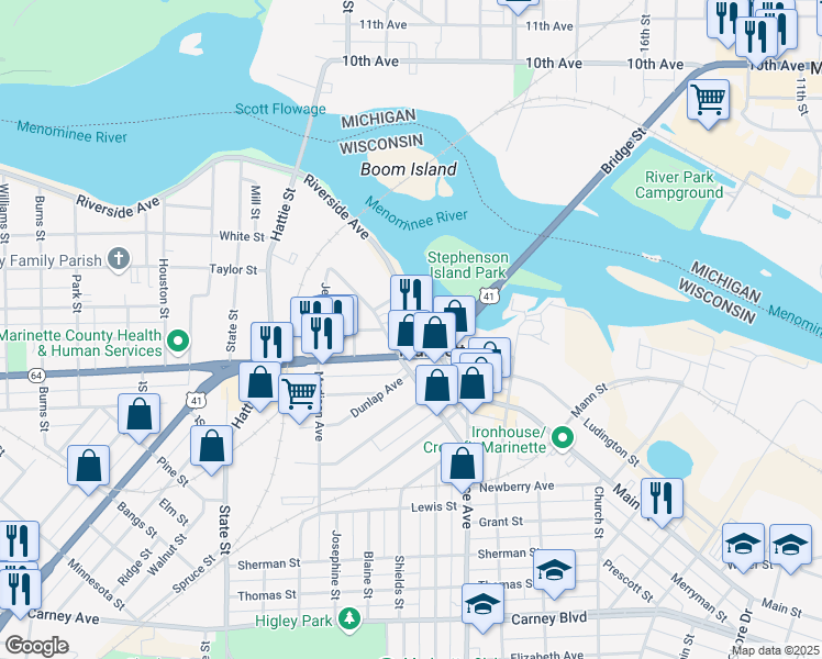 map of restaurants, bars, coffee shops, grocery stores, and more near 1821 Riverside Avenue in Marinette