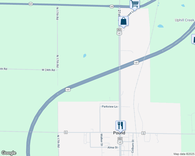 map of restaurants, bars, coffee shops, grocery stores, and more near U.S. 141 in Pound