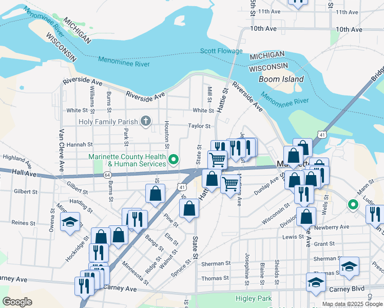 map of restaurants, bars, coffee shops, grocery stores, and more near 345 State St in Marinette
