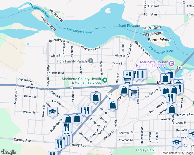 map of restaurants, bars, coffee shops, grocery stores, and more near 2616 Parkridge Avenue in Marinette