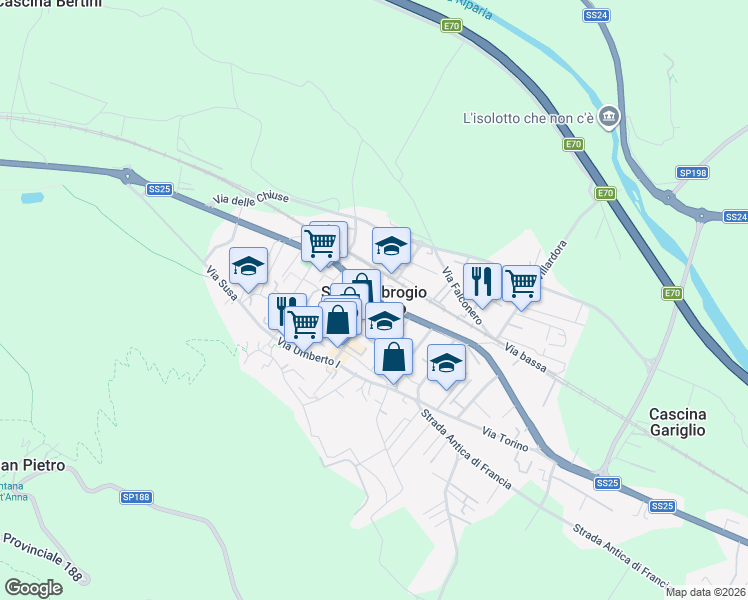 map of restaurants, bars, coffee shops, grocery stores, and more near SS25 in Sant'ambrogio di Torino