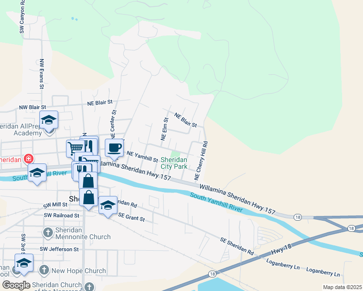 map of restaurants, bars, coffee shops, grocery stores, and more near 309 Northeast Box Street in Sheridan