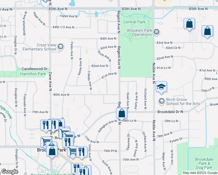 map of restaurants, bars, coffee shops, grocery stores, and more near 8016 Scott Avenue North in Minneapolis