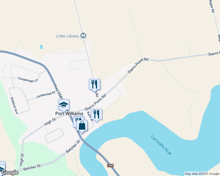 map of restaurants, bars, coffee shops, grocery stores, and more near 1191 Starrs Point Road in Port Williams