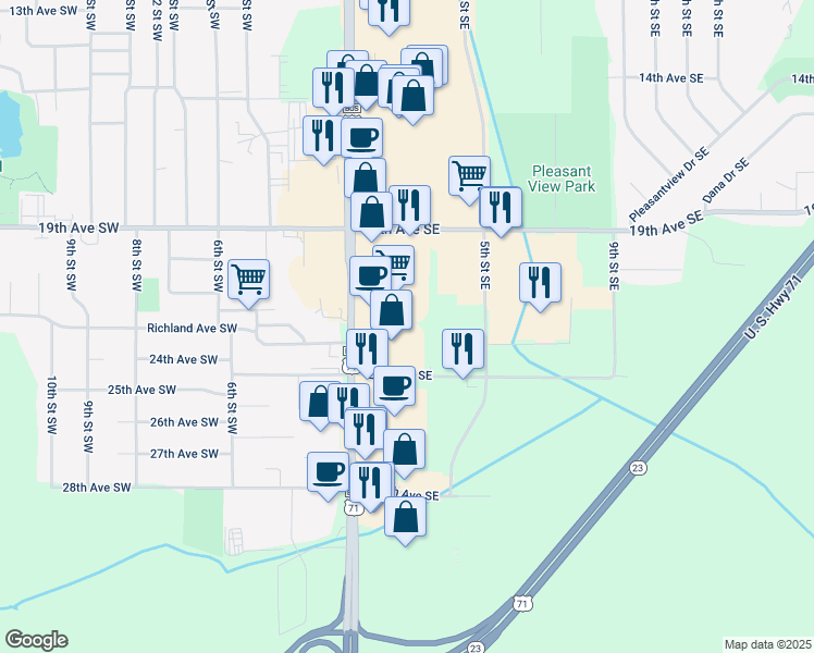map of restaurants, bars, coffee shops, grocery stores, and more near 2211 1st Street South in Willmar