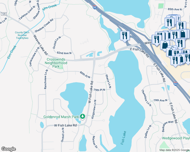 map of restaurants, bars, coffee shops, grocery stores, and more near 14801 80th Place North in Osseo
