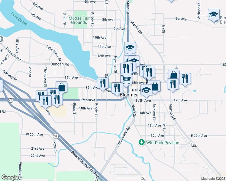 map of restaurants, bars, coffee shops, grocery stores, and more near 1419 Duncan Road in Bloomer