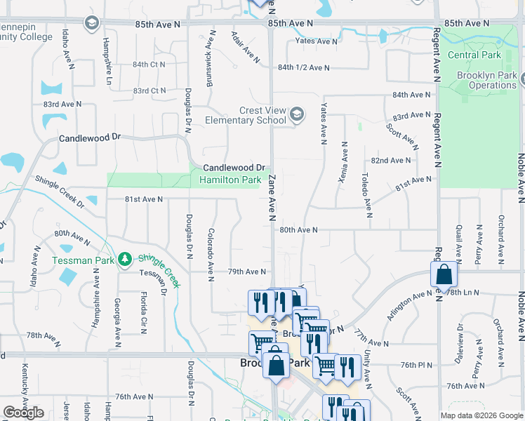 map of restaurants, bars, coffee shops, grocery stores, and more near 8009 Zane Avenue North in Minneapolis