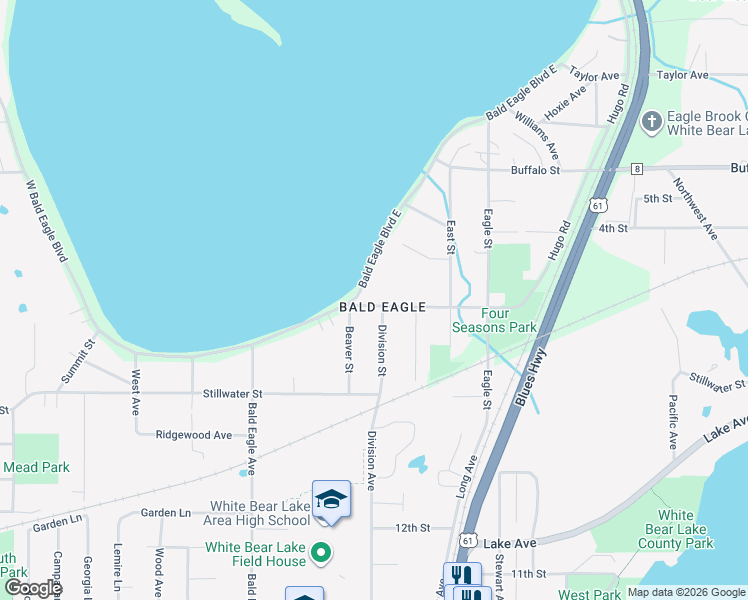 map of restaurants, bars, coffee shops, grocery stores, and more near in White Bear Lake