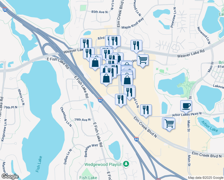map of restaurants, bars, coffee shops, grocery stores, and more near 13603 80th Circle North in Maple Grove