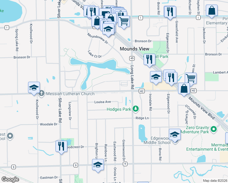 map of restaurants, bars, coffee shops, grocery stores, and more near 2594 County Road H2 in Saint Paul