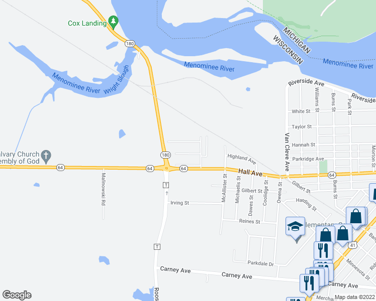 map of restaurants, bars, coffee shops, grocery stores, and more near 3920 Hall Avenue in Marinette