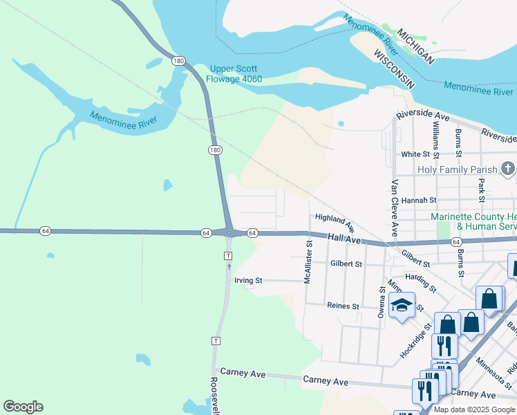 map of restaurants, bars, coffee shops, grocery stores, and more near 3920 Hall Avenue in Marinette