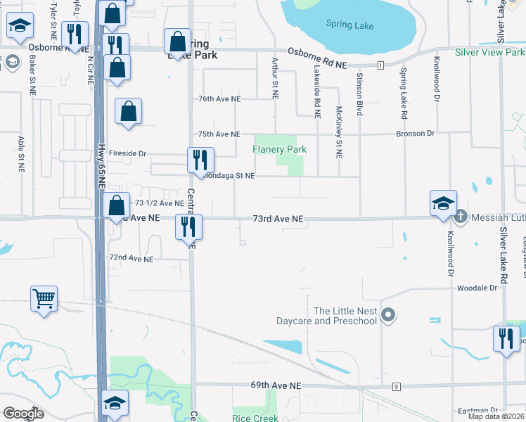 map of restaurants, bars, coffee shops, grocery stores, and more near 1461 73rd Avenue Northeast in Fridley