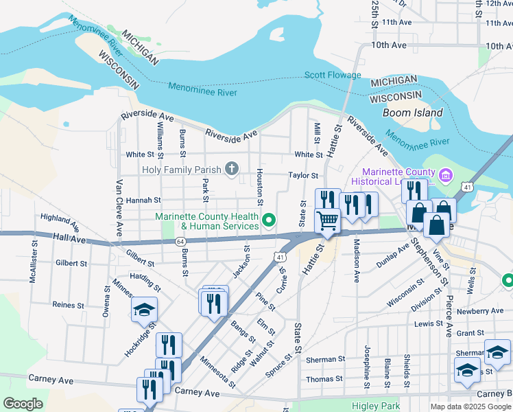 map of restaurants, bars, coffee shops, grocery stores, and more near 2616 Parkridge Avenue in Marinette