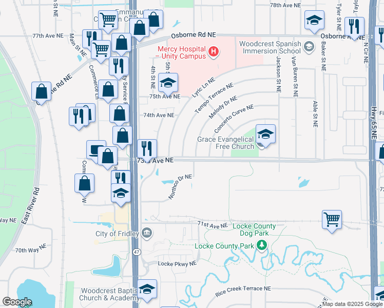 map of restaurants, bars, coffee shops, grocery stores, and more near 7301 Tempo Terrace Northeast in Fridley