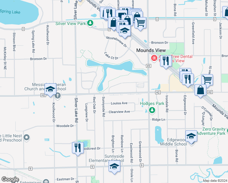 map of restaurants, bars, coffee shops, grocery stores, and more near 2685 County Road H2 in Saint Paul