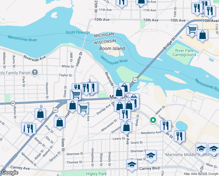 map of restaurants, bars, coffee shops, grocery stores, and more near 1821 Riverside Avenue in Marinette