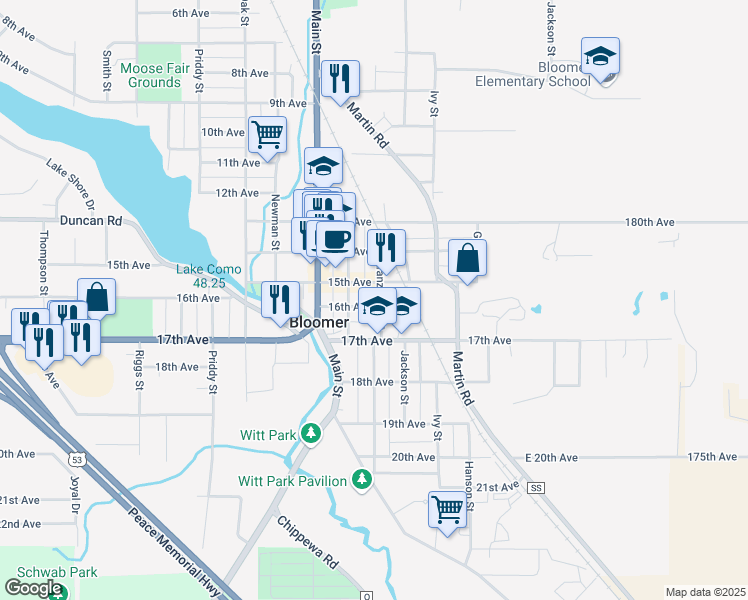 map of restaurants, bars, coffee shops, grocery stores, and more near 1603 Kranzfelder Street in Bloomer