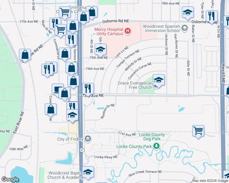 map of restaurants, bars, coffee shops, grocery stores, and more near 7301 Tempo Terrace Northeast in Fridley