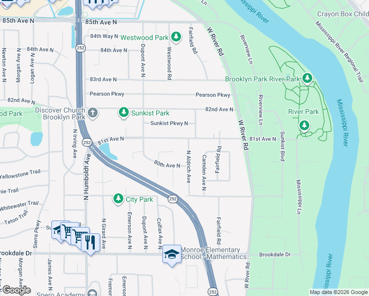 map of restaurants, bars, coffee shops, grocery stores, and more near 1024 80th Court North in Minneapolis