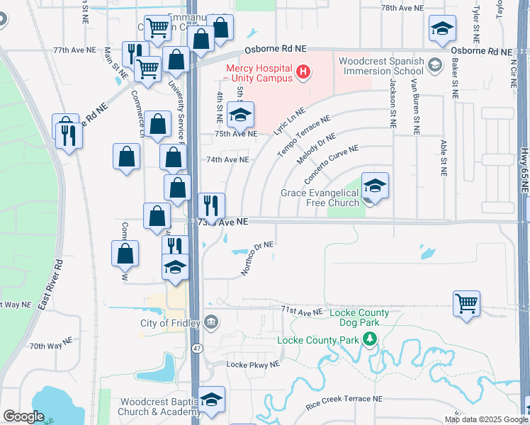 map of restaurants, bars, coffee shops, grocery stores, and more near 7301 Tempo Terrace Northeast in Fridley
