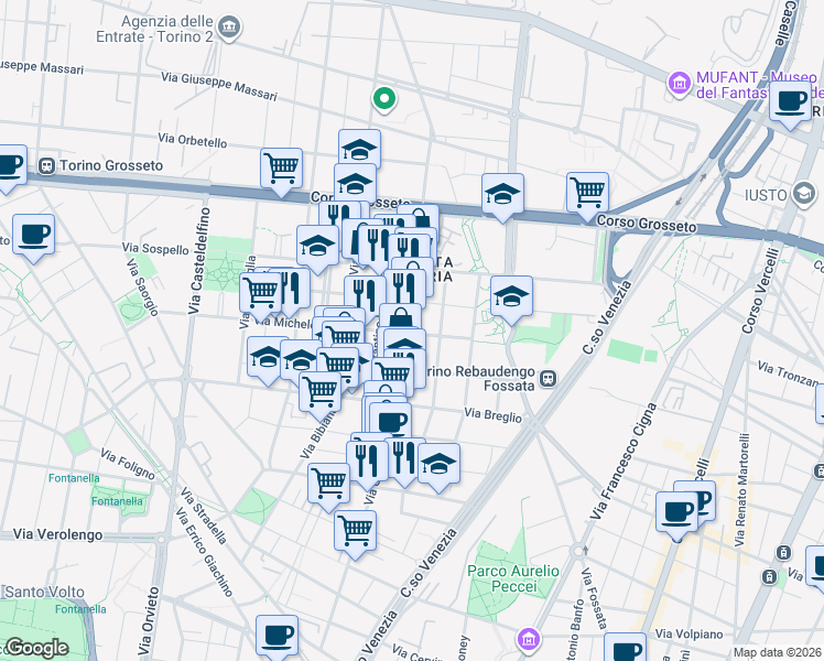 map of restaurants, bars, coffee shops, grocery stores, and more near 57 Via Michele Coppino in Torino