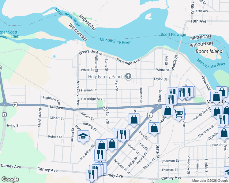 map of restaurants, bars, coffee shops, grocery stores, and more near 413 Park Street in Marinette