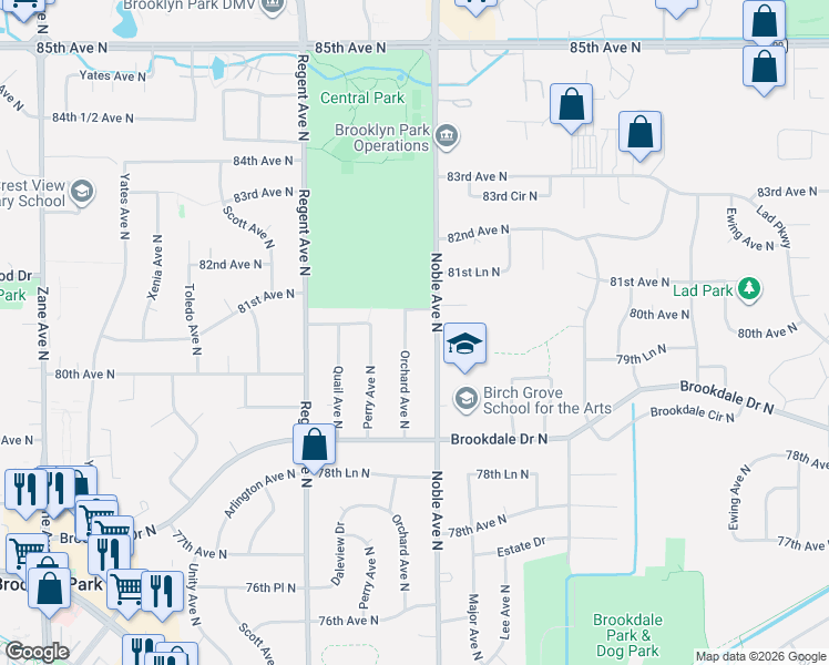 map of restaurants, bars, coffee shops, grocery stores, and more near 8008 Orchard Avenue North in Minneapolis
