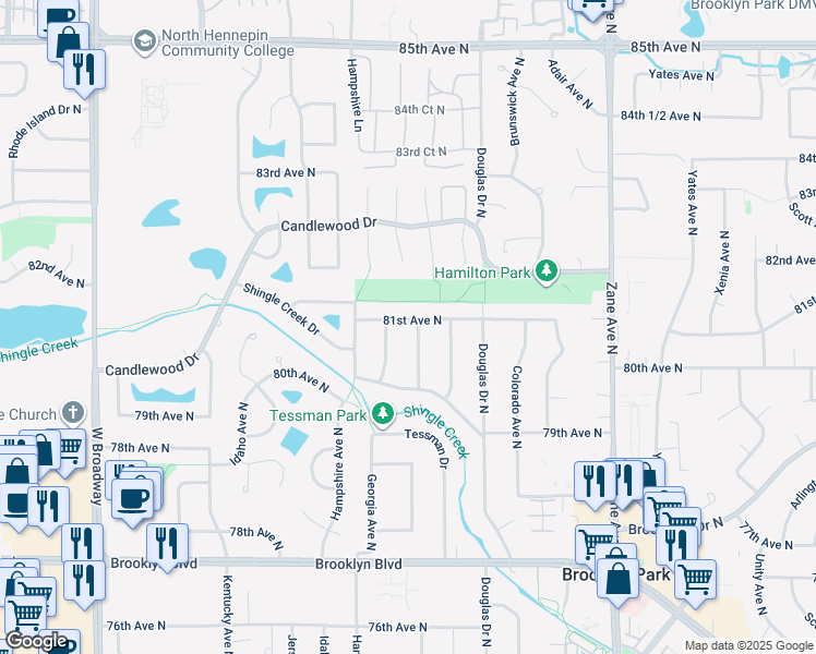 map of restaurants, bars, coffee shops, grocery stores, and more near 8017 Florida Avenue North in Minneapolis