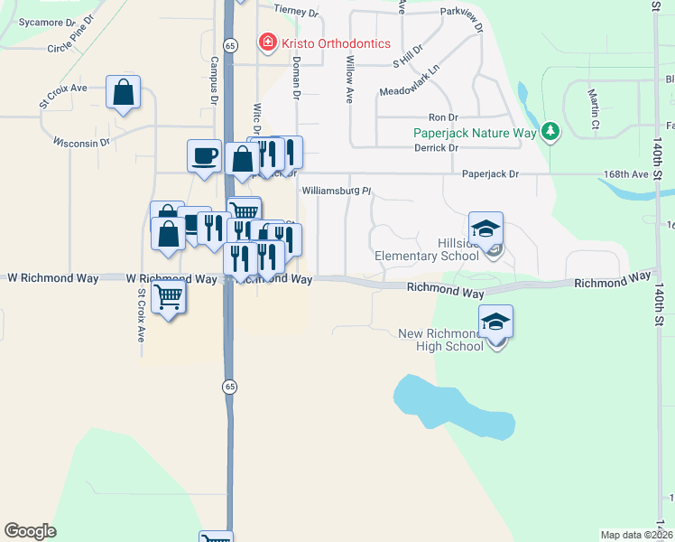 map of restaurants, bars, coffee shops, grocery stores, and more near 1663 Charleston Drive in New Richmond