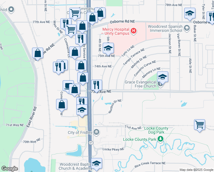 map of restaurants, bars, coffee shops, grocery stores, and more near 7310 Lyric Lane Northeast in Fridley
