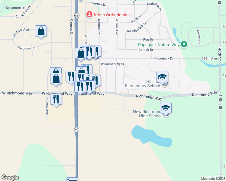 map of restaurants, bars, coffee shops, grocery stores, and more near 1663 Charleston Drive in New Richmond