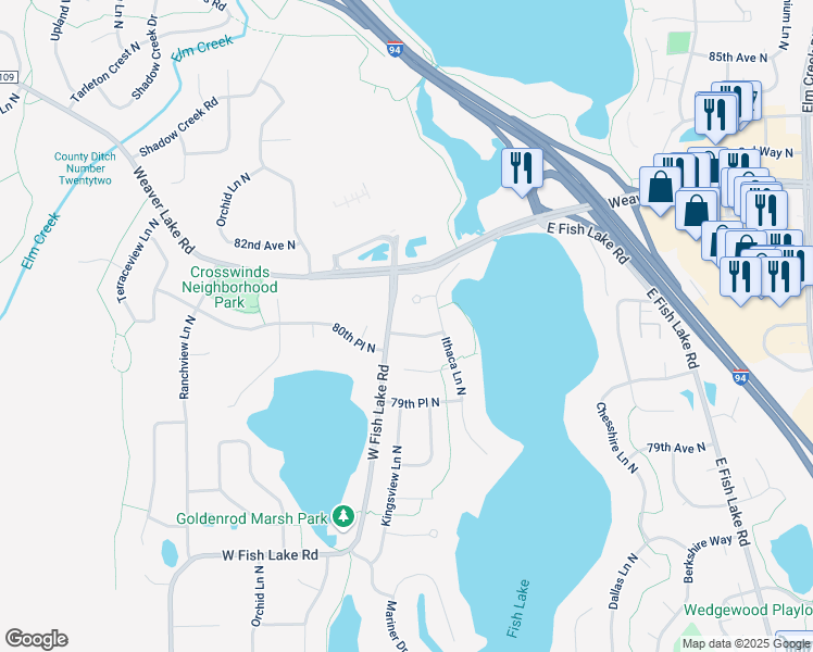 map of restaurants, bars, coffee shops, grocery stores, and more near 14801 80th Place North in Osseo