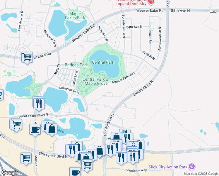 map of restaurants, bars, coffee shops, grocery stores, and more near 11851 Central Park Way in Maple Grove