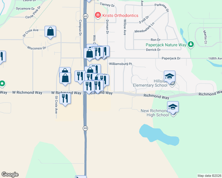 map of restaurants, bars, coffee shops, grocery stores, and more near 1657 Gunston Drive in New Richmond
