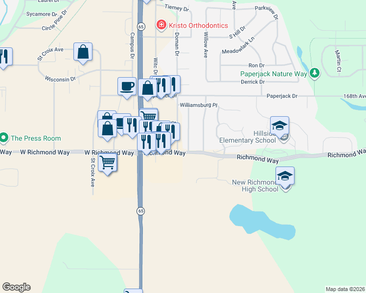 map of restaurants, bars, coffee shops, grocery stores, and more near 1657 Gunston Drive in New Richmond