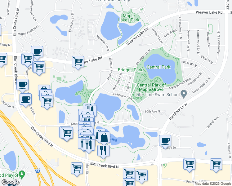 map of restaurants, bars, coffee shops, grocery stores, and more near 12370 Lakeview Drive North in Osseo